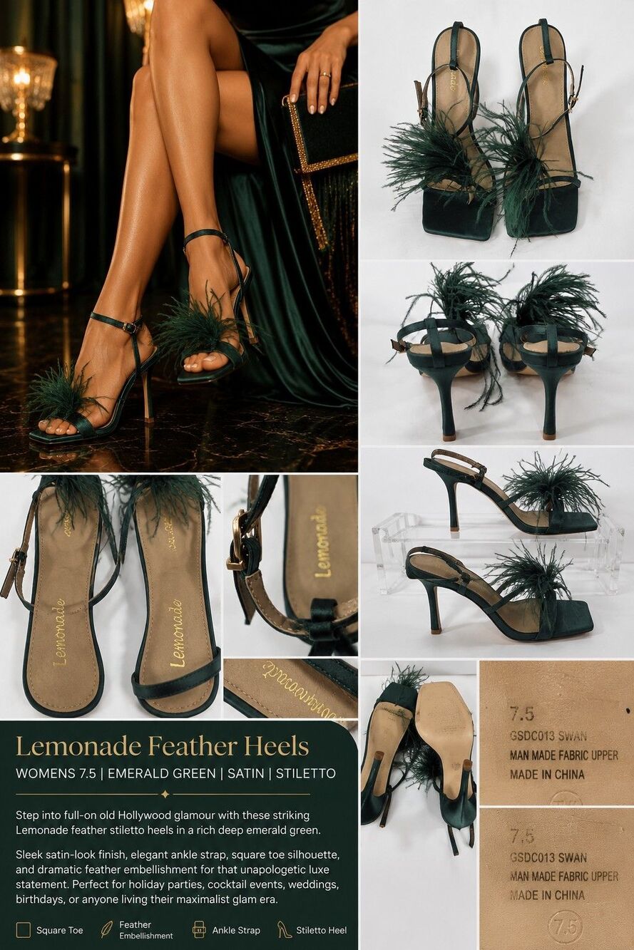 Lemonade Feather Heels Womens 7.5 Green Satin Ankle Strap Stiletto Party Glam...